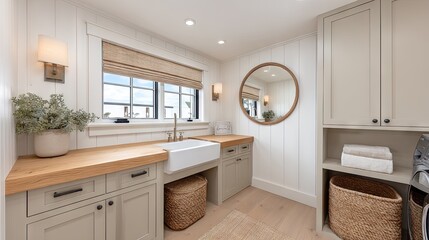 Fototapeta premium Clean kitchen with sink and wooden countertop interior design daylight