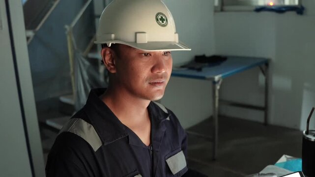 Engineer use digital tablet analysis environment protection system air pollution reduction in factory industrial management. Continuous emission monitoring system. Environmental day energy saving. ESG