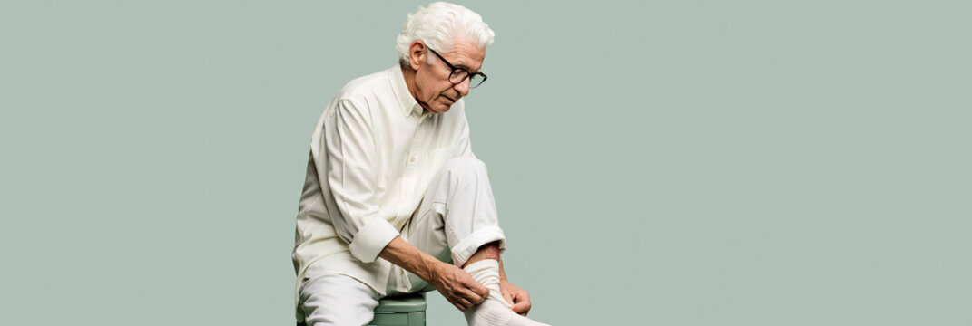 Senior man with leg sore putting on sock. Elderly male patient with skin disease or ulcer on ankle. Copy space for text