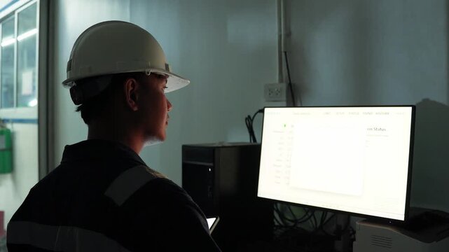 Engineer use digital tablet analysis environment protection system air pollution reduction in factory industrial management. Continuous emission monitoring system. Environmental day energy saving. ESG