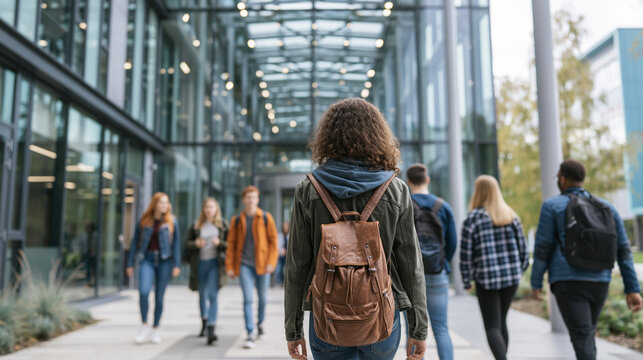 Students walking across a modern university campus during back to college season, highlighting higher education, student life, academic success, diversity, learning and campus community