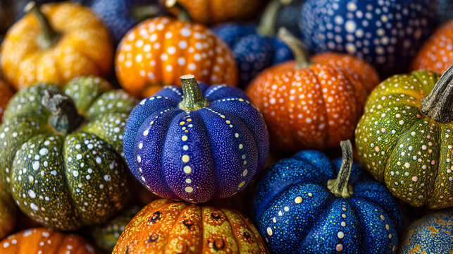 Colorful Decorative Pumpkins with Intricate Dot Patterns for Autumn and Halloween Decor.