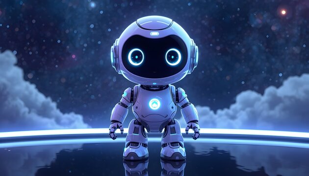 Cute white robot character with glowing blue LED eyes and chest panel standing on a reflective platform in outer space against a detailed starry galaxy background and distant cosmic clouds 3D illustra