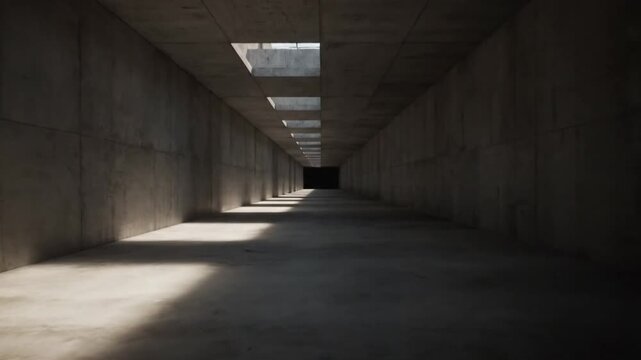Long concrete corridor with natural light from above.
