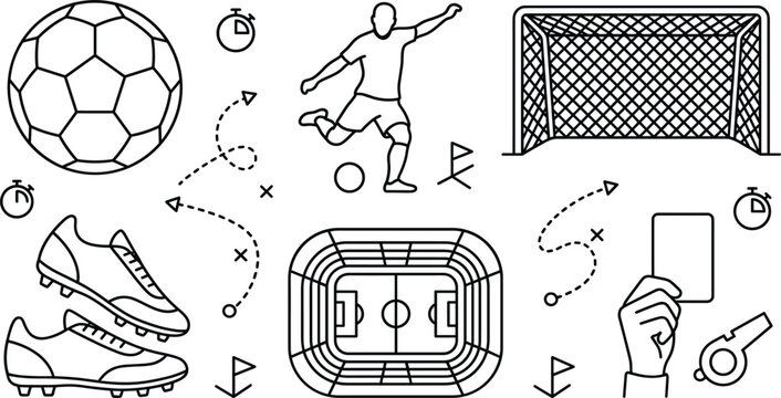 Soccer football line icon set vector elements featuring ball kicker player goal stadium shoes whistle card and stopwatches