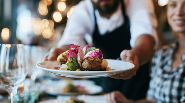 Professional waiter serving a gourmet meal to restaurant guests, highlighting hospitality, fine dining, excellent service, customer experience, fresh cuisine and elegant dining atmosphere