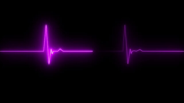 Neon purple glowing heart beat pulse line on a dark black background showing a medical heartbeat rhythm signal for cardiology health care and science technology concepts in a simple digital display