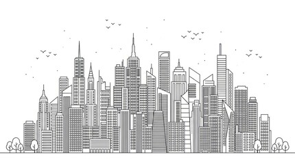 Fototapeta premium Minimalist city skyline line art drawing.