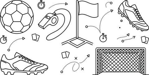 Soccer football line icon set vector elements featuring ball whistle corner flag cleats shoes goalpost net cards strategy © MdShakib