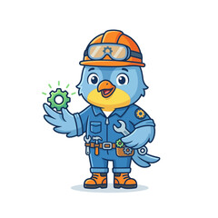 Fototapeta premium Cartoon Blue Bird Mechanic Holding Gears Wearing Hard Hat and Tool Belt