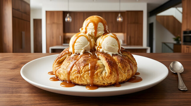 Apple Dumpling with Vanilla Ice Cream and Caramel Drizzle on White Plate