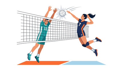 Obraz premium Athletic volleyball players jumping at net, action shot, team sport