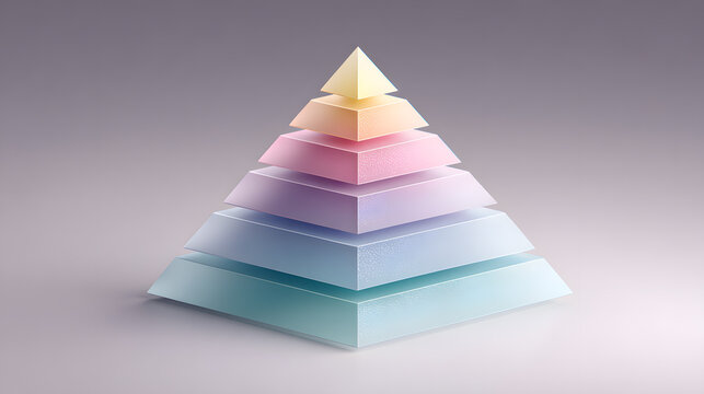 Minimal 3D layered pyramid diagram with pastel colors on a studio background representing corporate hierarchy model, Maslow's Hierarchy of Needs structure, business infographic chart, and textbook.