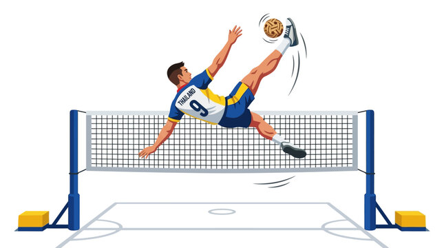 Athlete performs acrobatic kick over volleyball net, sepak takraw sport illustration