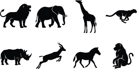 African safari animals silhouette set featuring roaring lion walking elephant giraffe running cheetah rhinoceros jumping antelope zebra and baboon © Shahanaj
