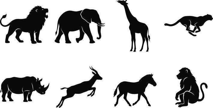 African safari animals silhouette set featuring roaring lion walking elephant giraffe running cheetah rhinoceros jumping antelope zebra and baboon