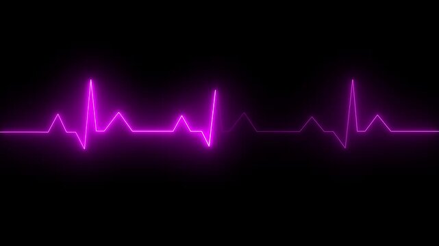 Bright neon purple heart rate pulse line glowing on a dark black background representing medical health rhythm and cardiac monitoring technology
