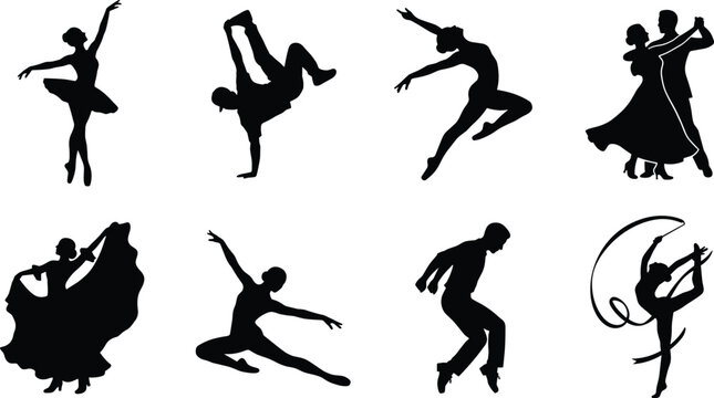 Dance styles and performers silhouette set featuring ballet dancer, breakdancer handstand, contemporary jump, ballroom couple, flamenco, tap dancer, and rhythmic gymnastics ribbon