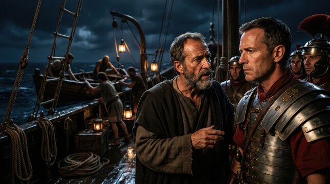 Apostle Paul talking to a Roman centurion on a ship during a storm. Biblical scene depicting the voyage to Rome. Historical drama inspired by the Book of Acts story of shipwreck.