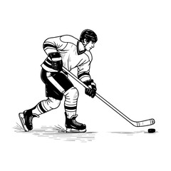 Obraz premium Hockey Player Skating and Shooting Puck in Vintage Sketch Style.