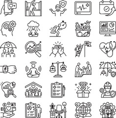 Fototapeta premium Employee Wellness App Line Icons Set for Workplace Health, Wellbeing Programs and Corporate Wellness Platforms