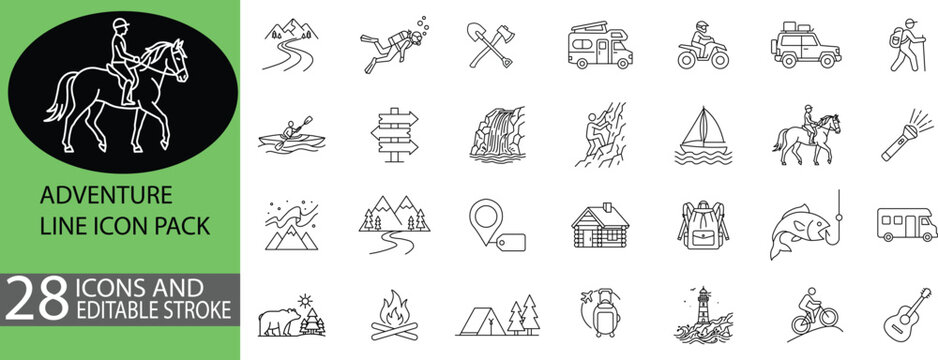 Adventure and outdoor line icon pack vector set for travel and exploration activities with editable stroke including hiking camping kayaking horse riding scuba diving campfire and mountain trekking.
