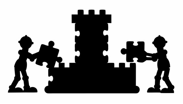 Toy robots assembling a giant puzzle castle together