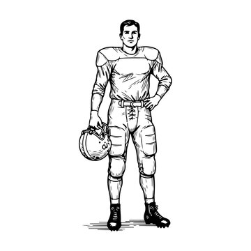 American Football Player Standing Holding Helmet Black and White Illustration.