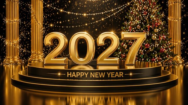 Happy New Year 2027 Golden 3D Illustration with Luxury Fireworks Background