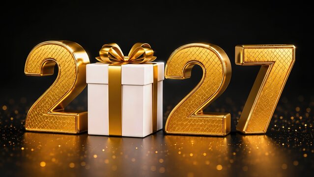 Happy New Year 2027 Golden 3D Illustration with Luxury Fireworks Background