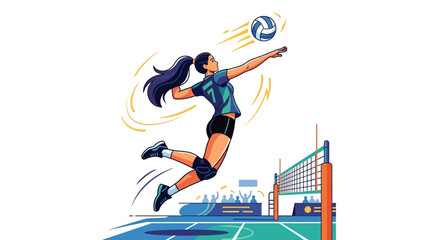 Fototapeta premium Female Volleyball Player Jumping to Spike Ball Over Net with Dynamic Action