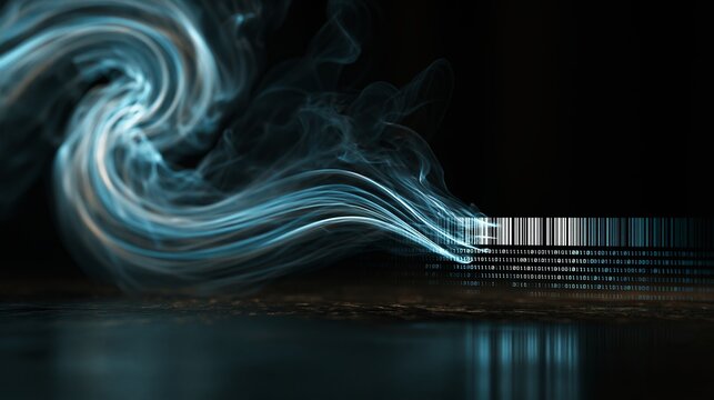 Abstract barcode transforming into glowing blue digital smoke streaks against a dark textured ground surface