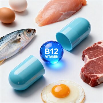 Vitamin B12 supplement capsule surrounded by natural food sources including fish, meat and eggs, representing nutrition, healthy diet, vitamin deficiency prevention and wellness