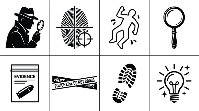 Crime investigation silhouettes with detective, fingerprint, body outline, evidence bag, police tape, shoeprint, magnifying glass, light bulb