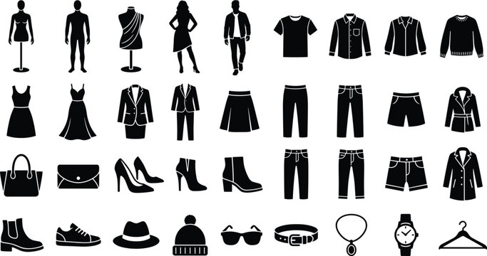 Fashion Clothing and Accessories Silhouettes Collection Featuring Apparel Footwear Bags Jewelry and Style Design Elements Set