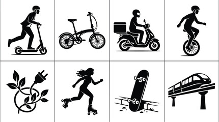 Eco‑friendly transport silhouettes with scooter, bicycle, delivery scooter, unicycle, plug, roller skates, skateboard, monorail icons © Creative Crave