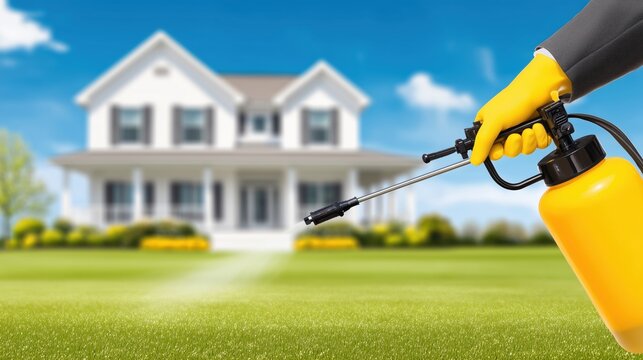 Applying insecticide spray around a residential property, representing pest control, insect prevention, home protection and landscape maintenance