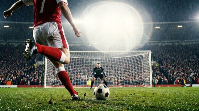Player takes high-stakes penalty kick in a stadium during a soccer match