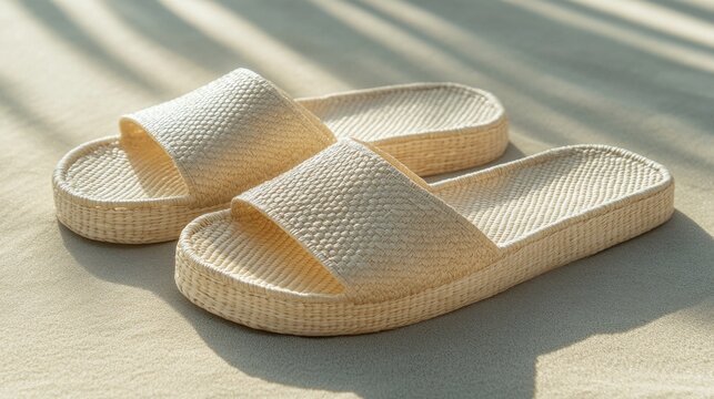 Close up of two raffia woven sandals ready for summer