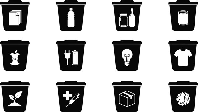 Waste segregation and garbage sorting icon vector set featuring bins for paper plastic glass metal organic ewaste medical and clothes recycling