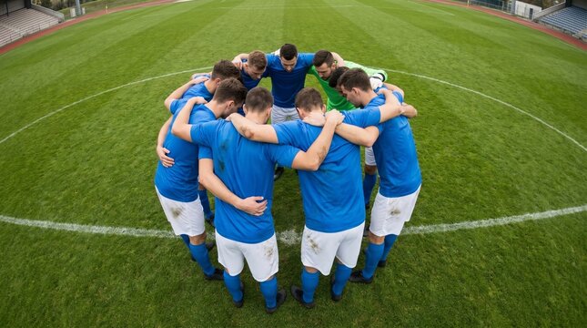 Team huddles together on a green field before a match