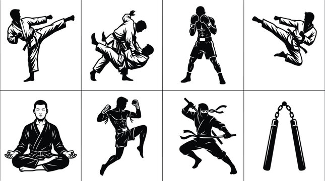 Martial arts silhouettes with karate, boxing, ninja, meditation, nunchaku, grappling, flying kick, striking stance icons