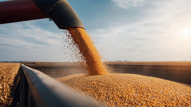 Golden corn grains pouring from a modern harvesting machine in an agricultural field during autumn harvest. Agribusiness, food production, farming industry