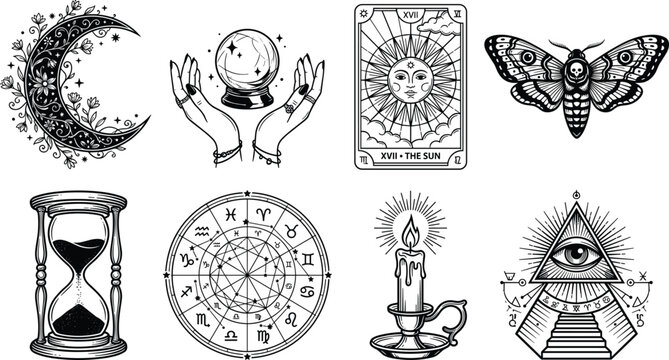 Mystical silhouettes with crescent moon, crystal ball, tarot card, moth, zodiac chart, candle, pyramid eye, hourglass icons