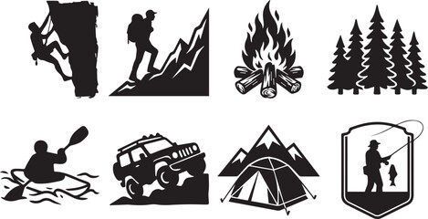Obraz premium Set of black outdoor adventure icons featuring climbing hiking camping kayaking off-road driving fishing and forest landscapes