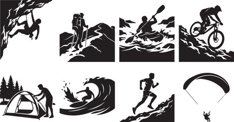 Set of black outdoor adventure icons featuring extreme sports activities like climbing kayaking surfing mountain biking and hiking © MdNajmul