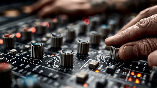 Professional music producer hands adjusting volume knobs on a black analog audio mixing sound console board