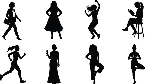 Women silhouette collection featuring professional active and lifestyle poses including reading running dancing yoga and elegant figures
