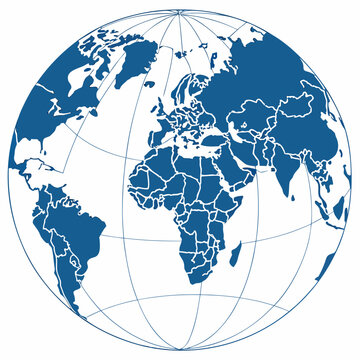Blue Earth Globe with White Country Borders and Latitude Lines on White Surface