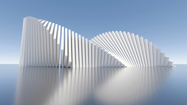Abstract 3D render of twisted white geometric pillars waving on a reflective surface under a blue sky. Perfect for tech banners, business presentation backdrops, and modern design